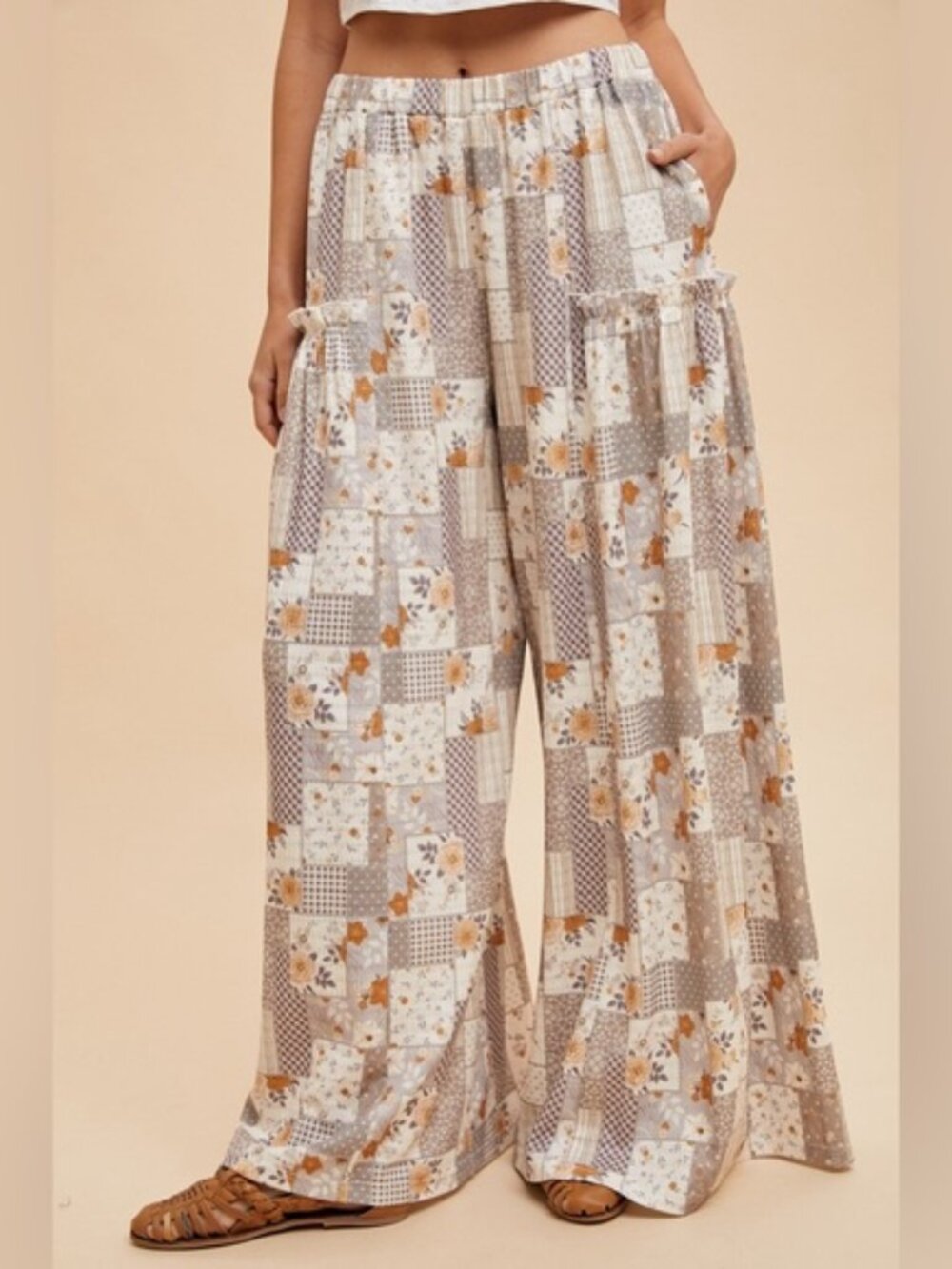 Anniewear Patchwork Print Textured Knit Wide Leg Slouchy Floral Pants Large